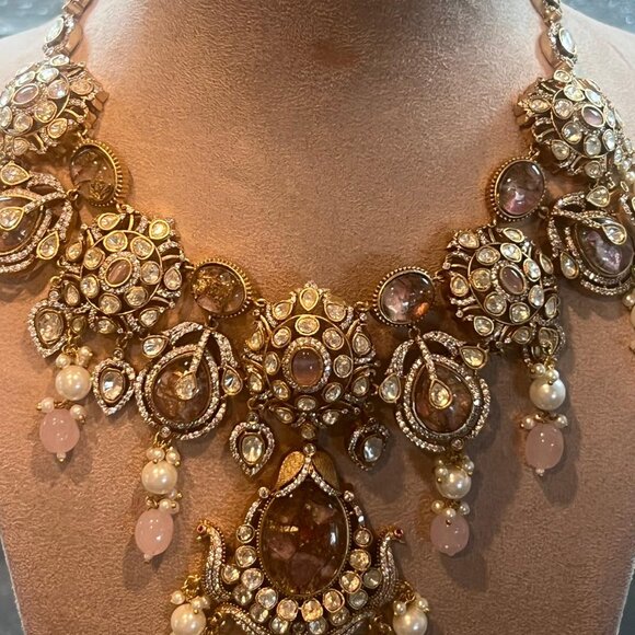 Kundan Polki Choker Necklace Set: Indian Bridal Jewelry with Pearl Drops - Picture 6 of 16